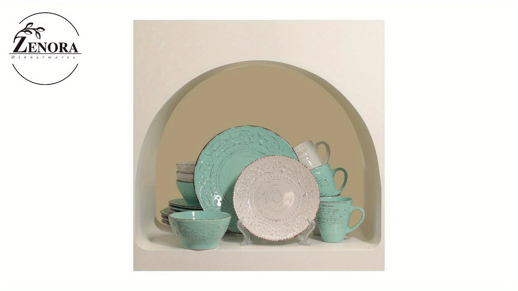 [Gifts For Weddings] Zenora 32pcs Ceramic Dinnerware Set, Embossed Modern White Porcelain Plates And Bowls For Dinner And Dessert, Microwave & Dishwasher & Oven Safe, Durable Tableware, Home Kitchen & Restaurant Use And Family Serving/ Gifts For Weddings