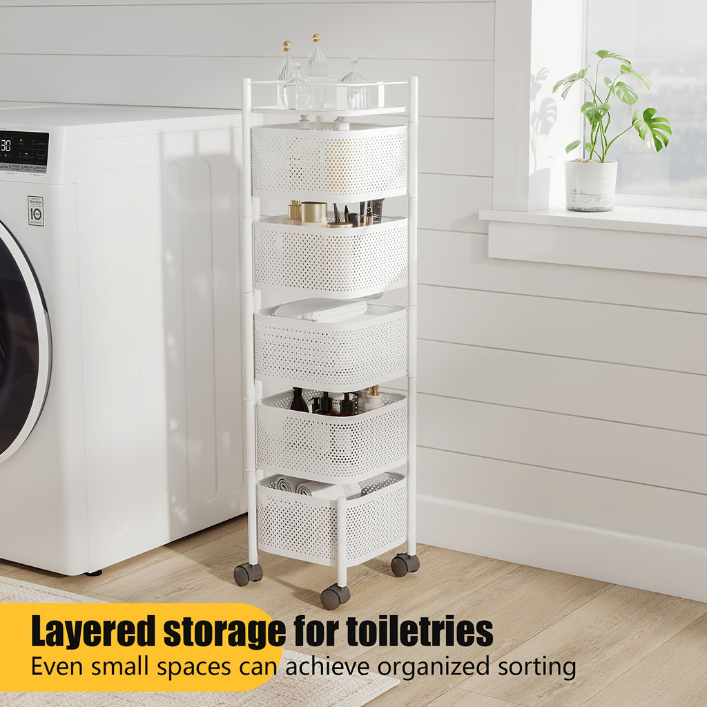 Modern 1pc Adjustable Home Storage Rack – durable multi-purpose storage, 1pc Heavy-Duty 5-Tier Rotating Mobile Storage Cart with Spinning Shelves Floor-Standing Base Suitable for, designed for American homes, daily convenience and practical gifting