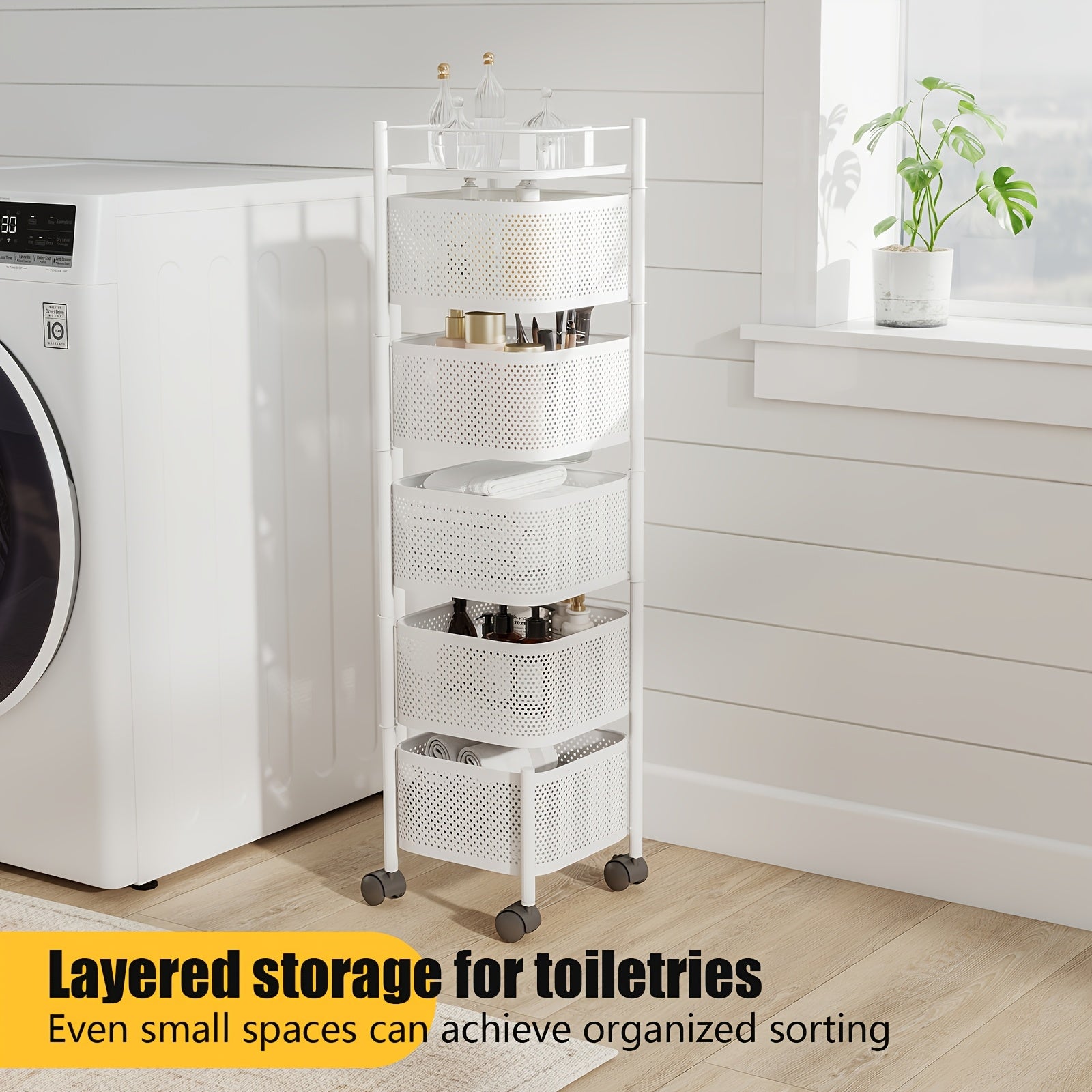 Modern 1pc Adjustable Home Storage Rack – durable multi-purpose storage, 1pc Heavy-Duty 5-Tier Rotating Mobile Storage Cart with Spinning Shelves Floor-Standing Base Suitable for, designed for American homes, daily convenience and practical gifting