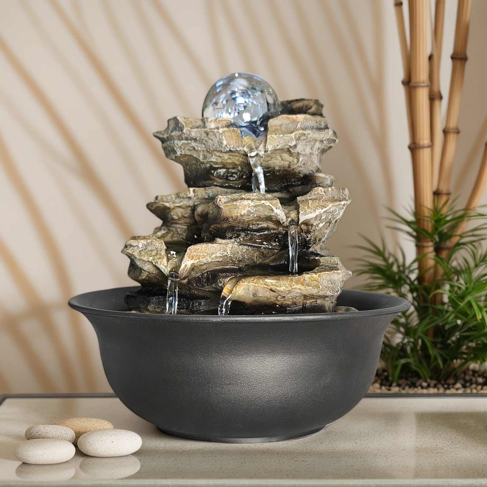 Rock Tabletop Indoor Fountain with LED Lights-8.3"H, Desktop Waterfall Fountains - Plug, Humidifier for Living Room, Office, Bedroom