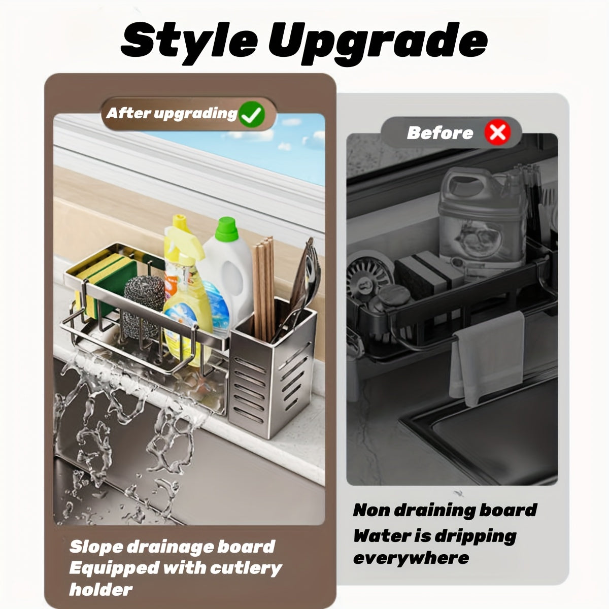 Stainless Steel Kitchen & Bathroom Organizer with Drainage - Multi-Purpose Storage Rack for Spices, Toothbrushes, Soap, and Cleaning Supplies, Includes Drainage Bucket for Sink Organization, Kitchen Sink Organizer