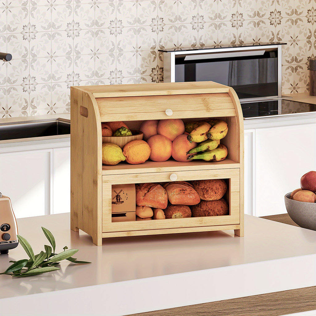 Natural, Bread Box, Natural Bamboo Bread Box for Kitchen Countertop, 2 Tier Roll-Top Bread Bin, Food Storage Box, Storage Cabinet, for Kitchen, Dining Room