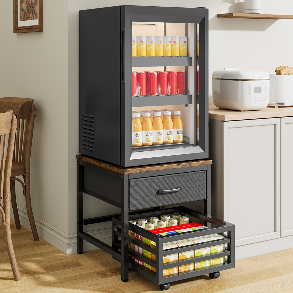 Heavy Duty Appliance Storage Shelf with Sliding Shelf & Drawer - Suitable for Fridge, Washer, Dishwasher | 19.69inch Height Shelf with 88lb Basket & Smooth Glide Drawers | 360° Swivel Wheels, Wood for Laundry Room & Kitchen, Utility Racks