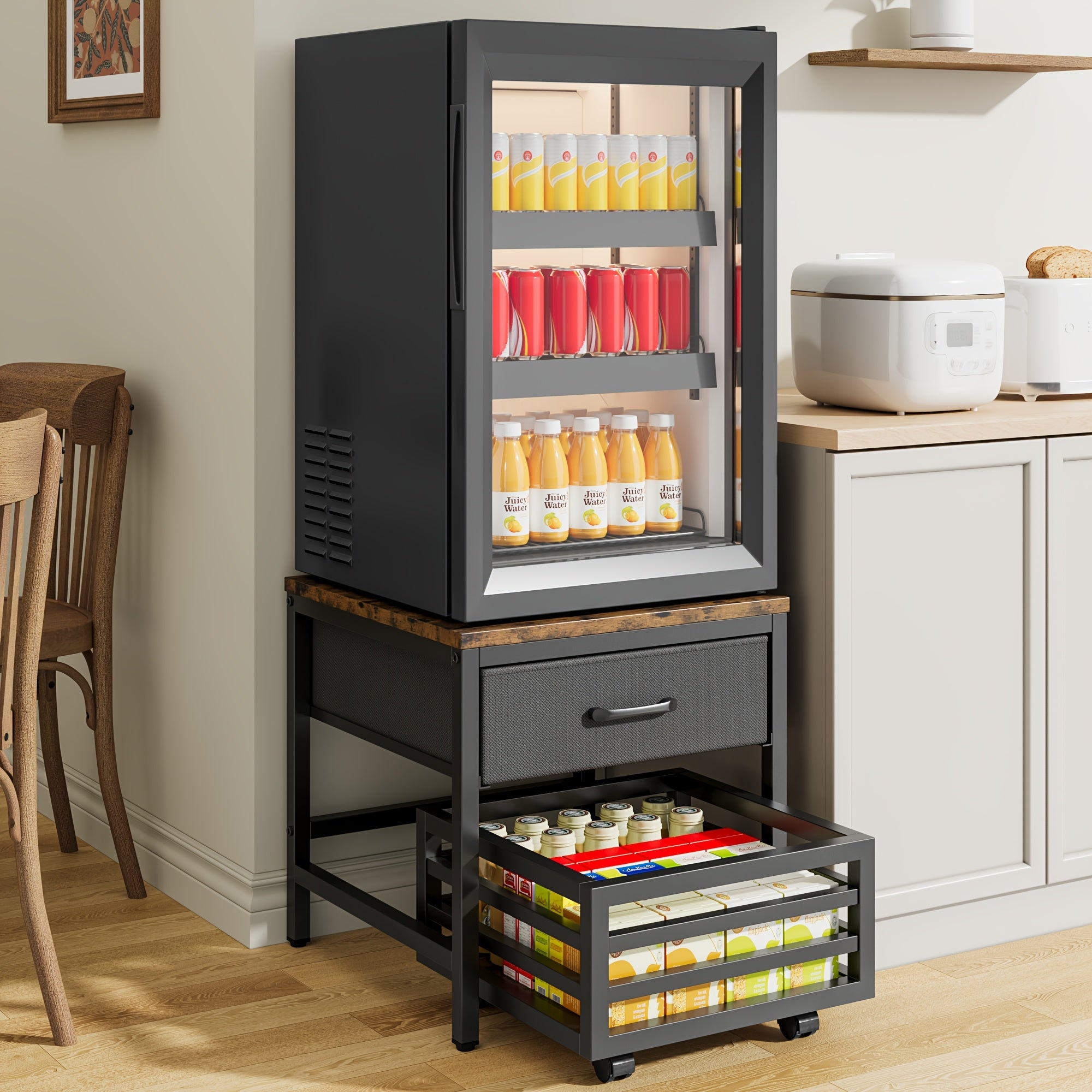 Heavy Duty Appliance Storage Shelf with Sliding Shelf & Drawer - Suitable for Fridge, Washer, Dishwasher | 19.69inch Height Shelf with 88lb Basket & Smooth Glide Drawers | 360° Swivel Wheels, Wood for Laundry Room & Kitchen, Utility Racks