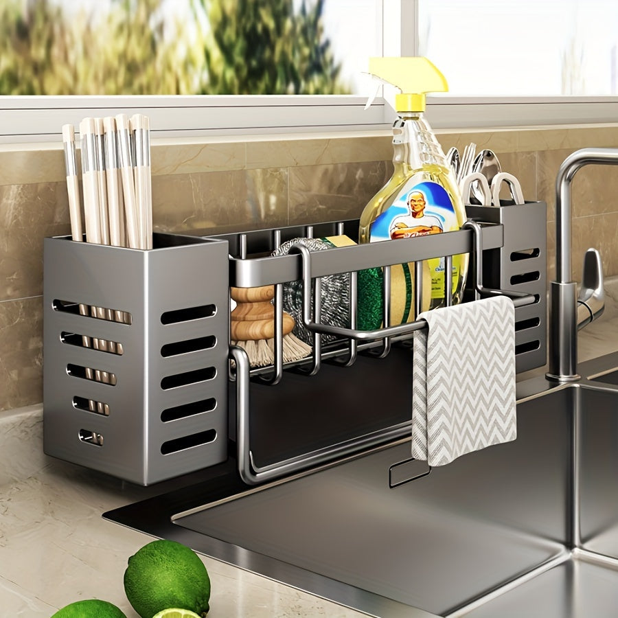 1pc Gray/Black Sink Caddy Sponge Holder for Kitchen Sink, Stainless Steel Rustproof, Bathroom Storage Basket, Kitchen Sink Caddy with Brush Holders, Chopstick Container, Kitchen Sink Organizer Dish Sponge Organizer with Dish Towel Rod