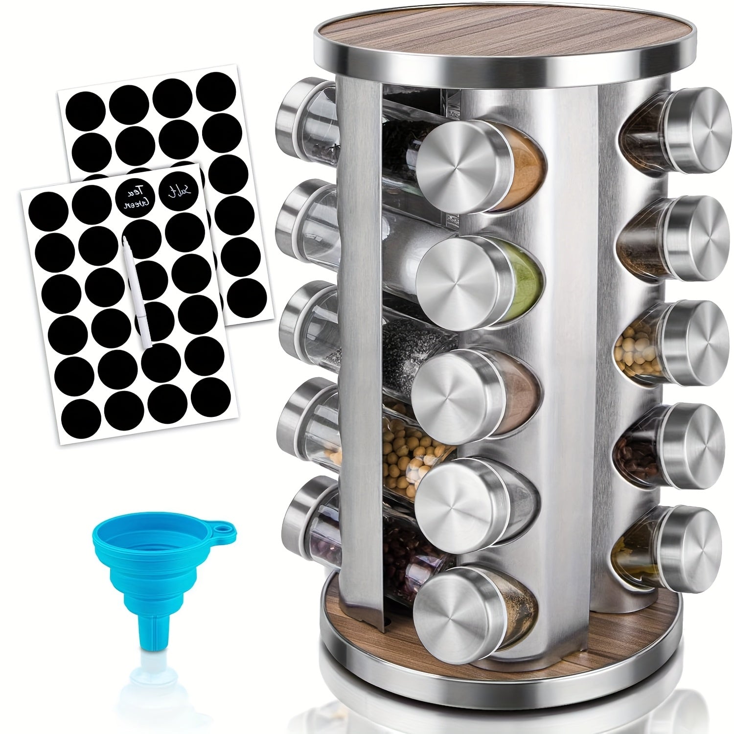 Rotating Spice Rack with 20 Jars, Kitchen Countertop Spice Tower, 360-Degree Revolving Seasoning Organizer for Cabinet, Carousel Storage Holder with 386 Labels for Herbs, Spices, And Condiments
