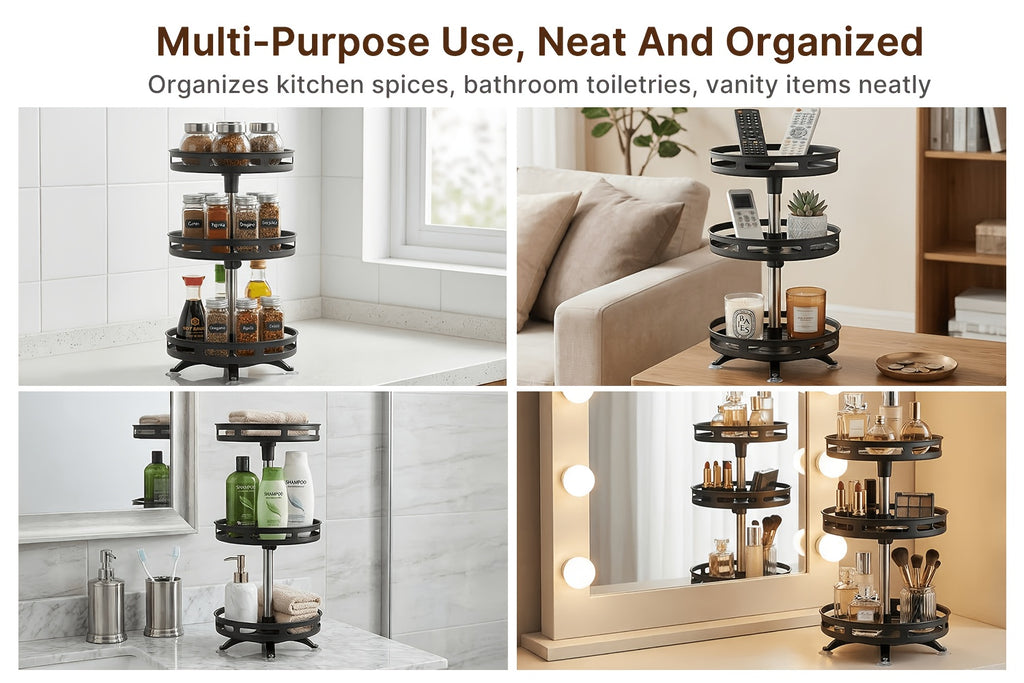 3-story Rotatable Kitchen Seasoning Rack, 360-degree Rotating Metal Turntable, Adjustable Shelves, Rotatable Spice And Seasoning Storage Rack, Kitchen Spice Jar Organizer, Kitchen Accessories