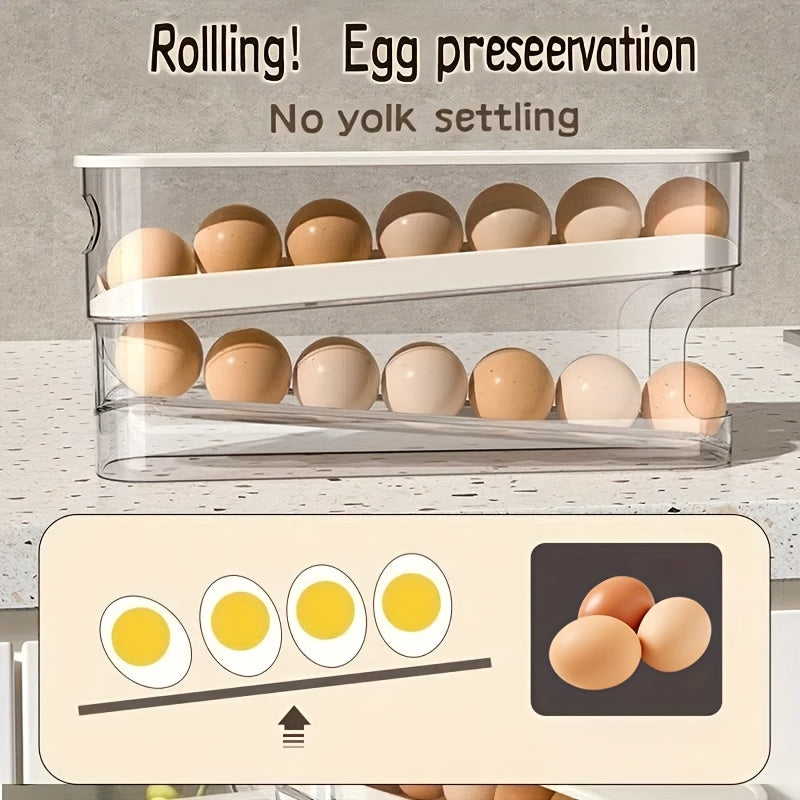 Automatic Rolling Sliding Egg Rack, Space-Saving Design with Easy Access Sliding Tiers And Transparent Compartment, for Kitchen And Refrigerator Storage, Durable No Batteries Required
