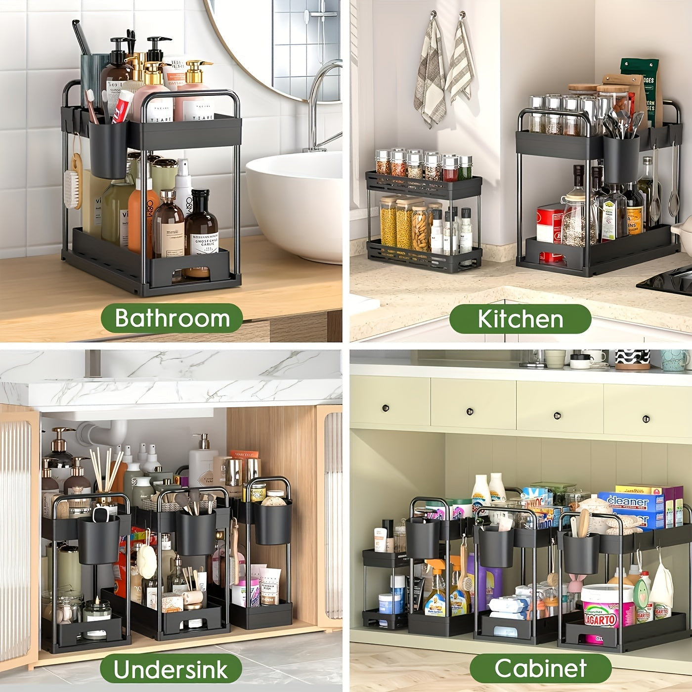 Kitchen Essential – 4pcs Adjustable Under-Sink Organizer - Metal& Plastic, Multi-Layer Storage Rack For Kitchen & Bathroom Cabinets, Space-Saving Design for Modern US Homes, easy meal prep a