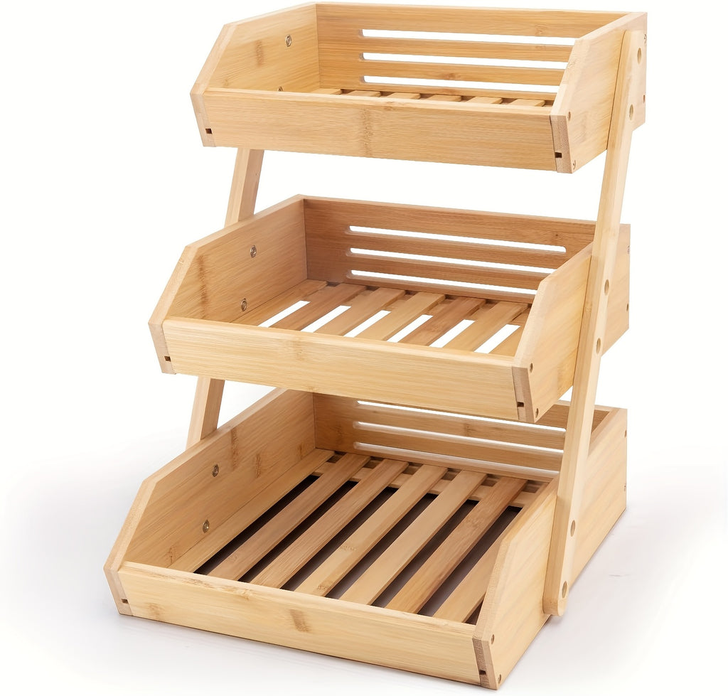 3/2-Tier Wooden Fruit Basket Stand - Large Capacity Kitchen Organizer with Open Slat Design for Vegetables, Bread & Produce | Multi-Level Countertop Storage Shelf - Easy Assembly & Natural Wood Finish