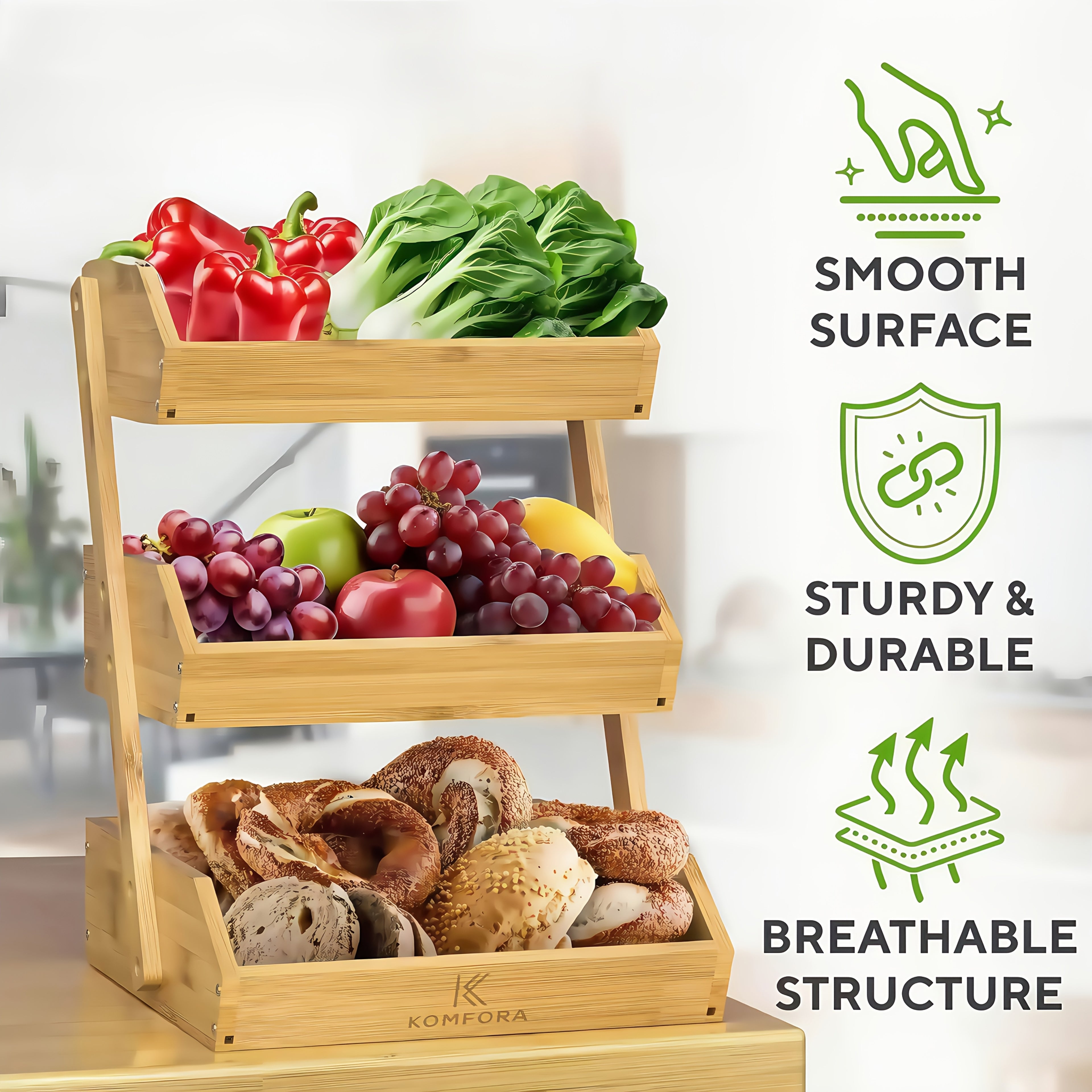 3/2-Tier Wooden Fruit Basket Stand - Large Capacity Kitchen Organizer with Open Slat Design for Vegetables, Bread & Produce | Multi-Level Countertop Storage Shelf - Easy Assembly & Natural Wood Finish