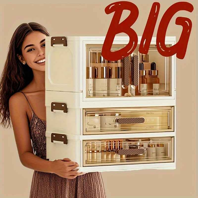 Heavy-Duty Pull-Out Cabinet Organizer – smooth-access cabinet organization, Three Four Floors Foldable Large Capacity Cosmetic Storage Cabinet with Transparent Drawers Stackable Plastic, designed for American homes, daily convenience and practical gi
