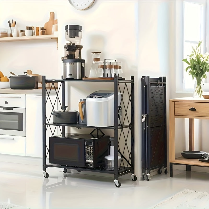 3-Layer Heavy-Duty Foldable Metal Storage Rack with Wheels for Movable Organization, Suitable for Garage Kitchens with a Load-Bearing Capacity of Up to 750 Pounds. Black Kitchen Storage Rack, for garage Storage And Storage Rack