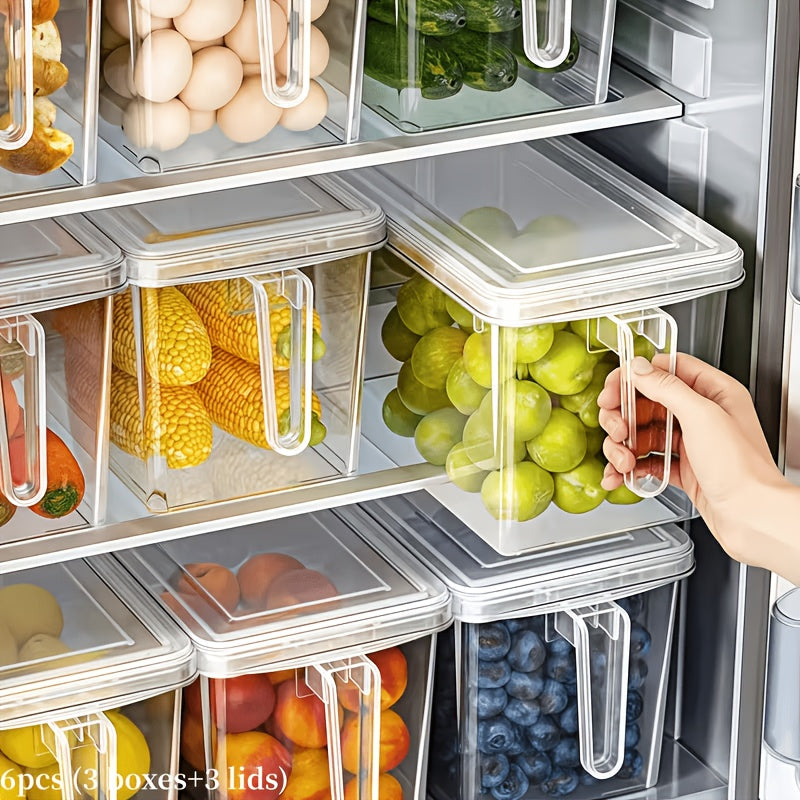 [Durable Food Organizer Bins] 6pcs (3pcs Boxes And 3pcs Lids) Refrigerator Storage Containers With Handles - Durable Plastic Food Organizer Bins For Fruits, Vegetables, Grains, Meats And Drinks, Easy-To-Move Design For Efficient Kitchen And Fridge Organiz