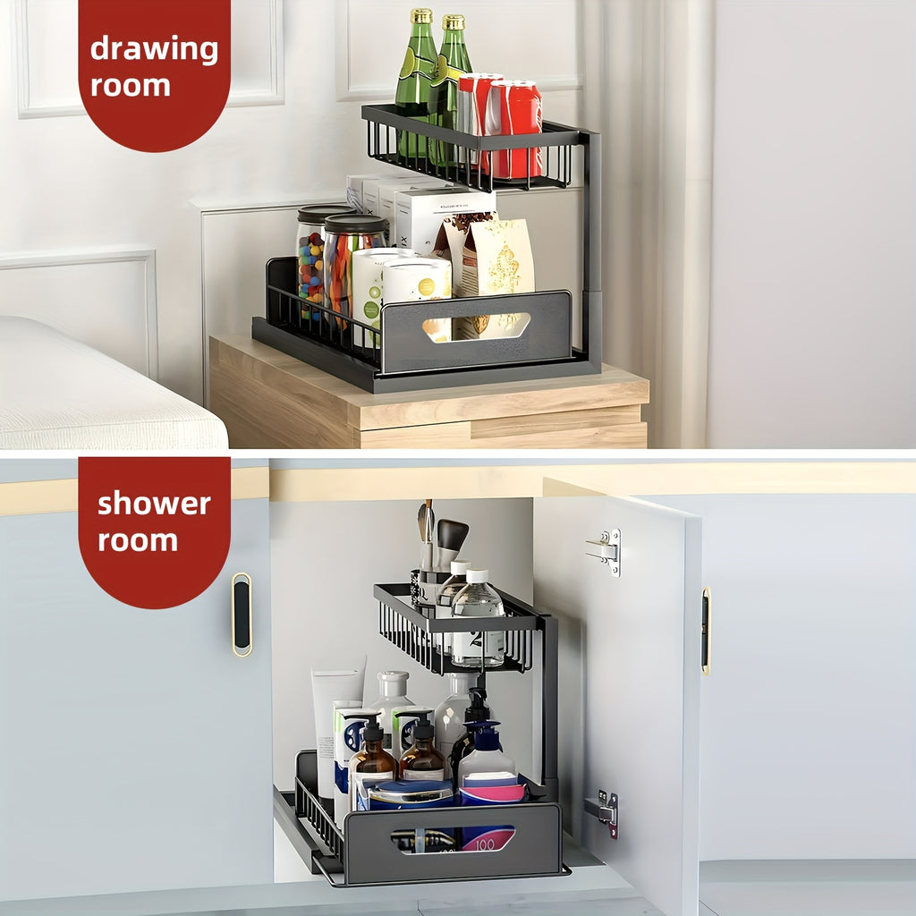 Kitchen Essential – 1/2pcs 2-story kitchen sink storage containers，push-pull cabinet organizer, kitchen and bathroom organizers and storage, study, tabletop, metal sliding drawers, practical