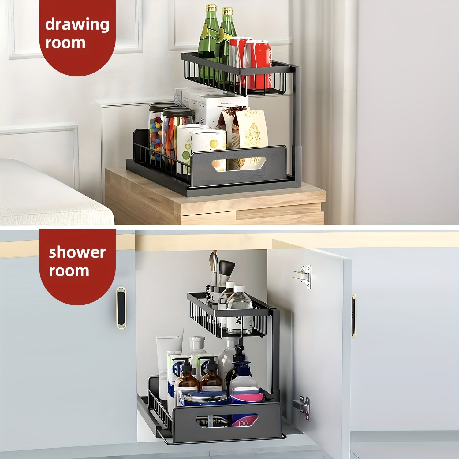 Kitchen Essential – 1/2pcs 2-story kitchen sink storage containers，push-pull cabinet organizer, kitchen and bathroom organizers and storage, study, tabletop, metal sliding drawers, practical