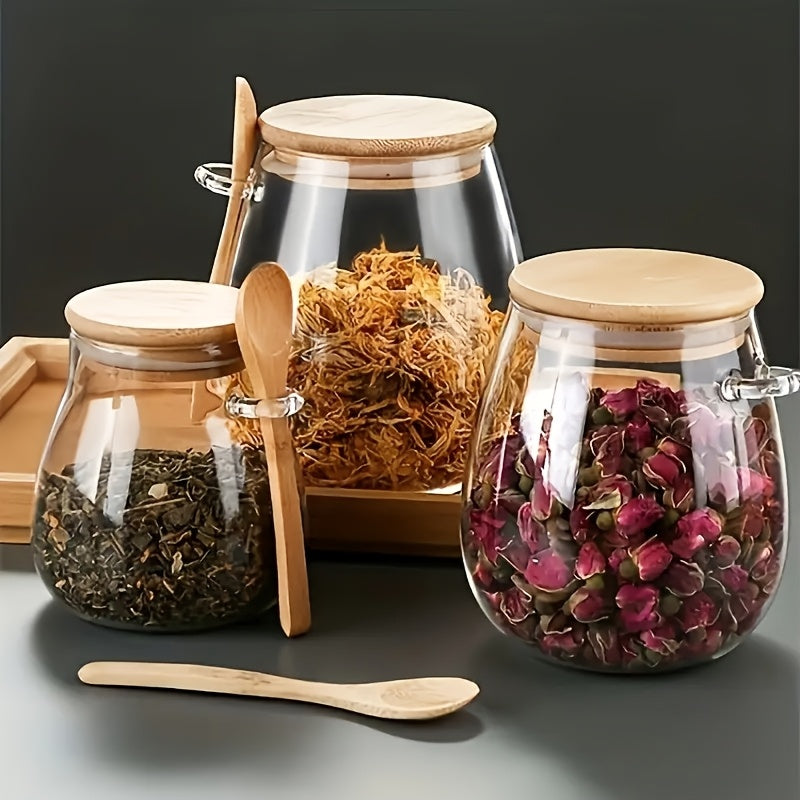 2pcs Set Sealed Glass Storage Jar with Spoon, Reusable Flip Top Round Container, Hand Wash Multipurpose for Coffee, Sugar, Tea, Salt, Candy, Spices - Ideal for Home, Restaurant, Food Trucks