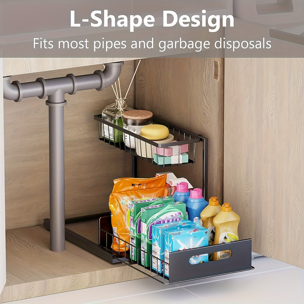 Set of 2 Under-Sink Storage Organizers, Featuring a Pull-Out Cabinet Design, with a Two-Tier Sliding Basket Shelf Suitable for Kitchen And Bathroom Use, Adjustable L-Shaped Counter Organizers