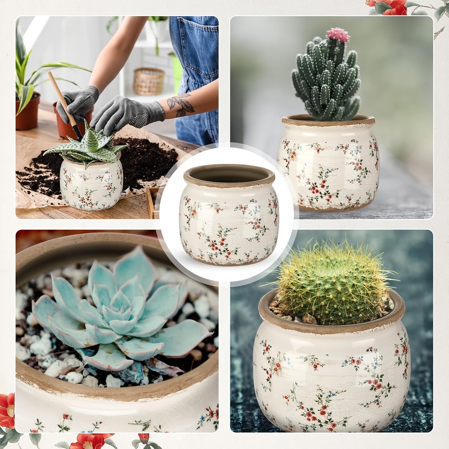 Space-Saving 2pcs Ceramic Flower Vase – tabletop floral display and modern home decor, Ninehaoou 2pcs Large Ceramic Suitable for Indoor Outdoor Use Vintage Beige Red, designed for American homes and practical gifting