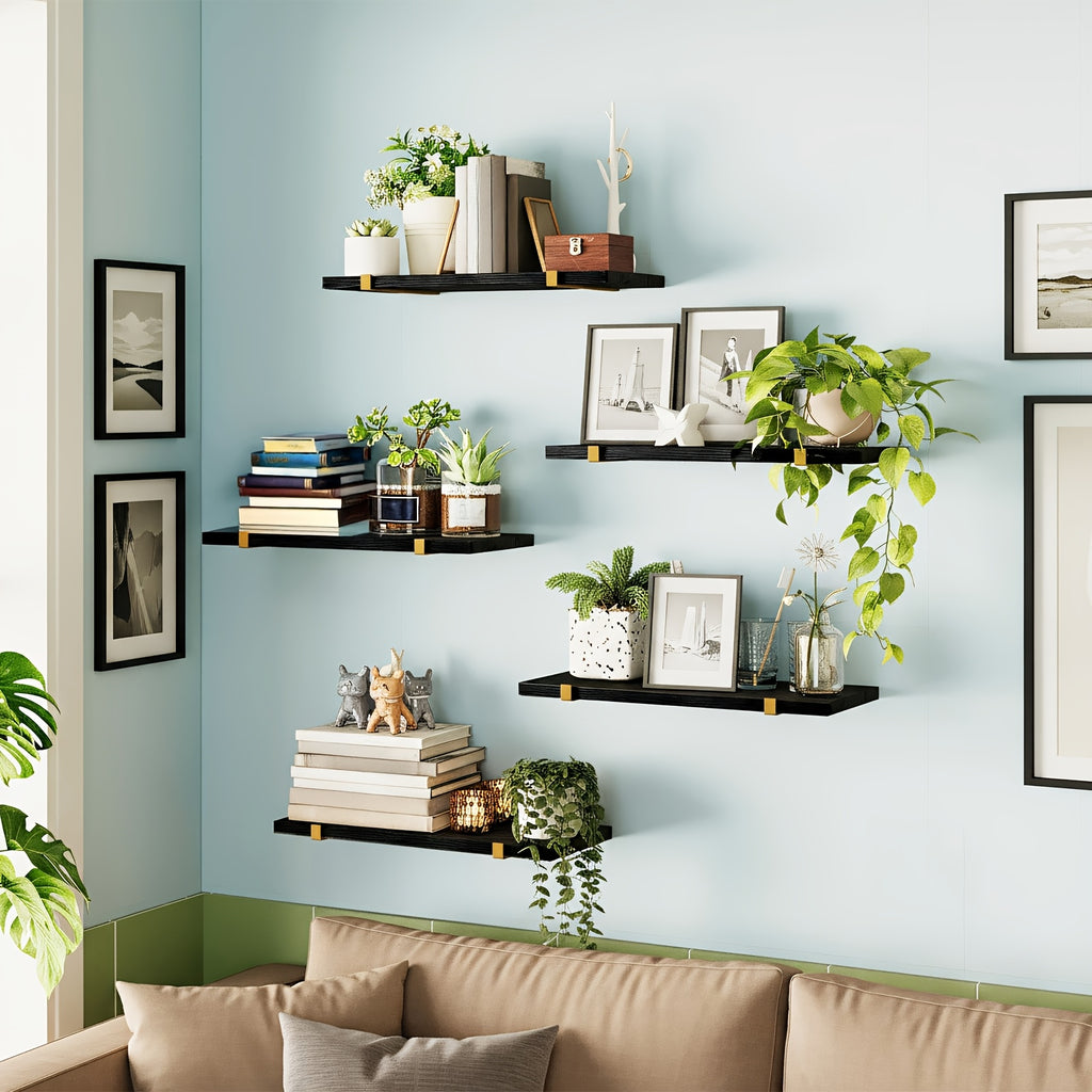 TOMNK 5pcs Rustic Floating Shelf Set, Size 15.8x4.7 Inches, Suitable for Bedroom, Living Room, Kitchen, Bathroom, Home Decor, Laundry Room, Office, and Plant Display - Rustic Wooden Wall Storage Shelves, Floating Shelves