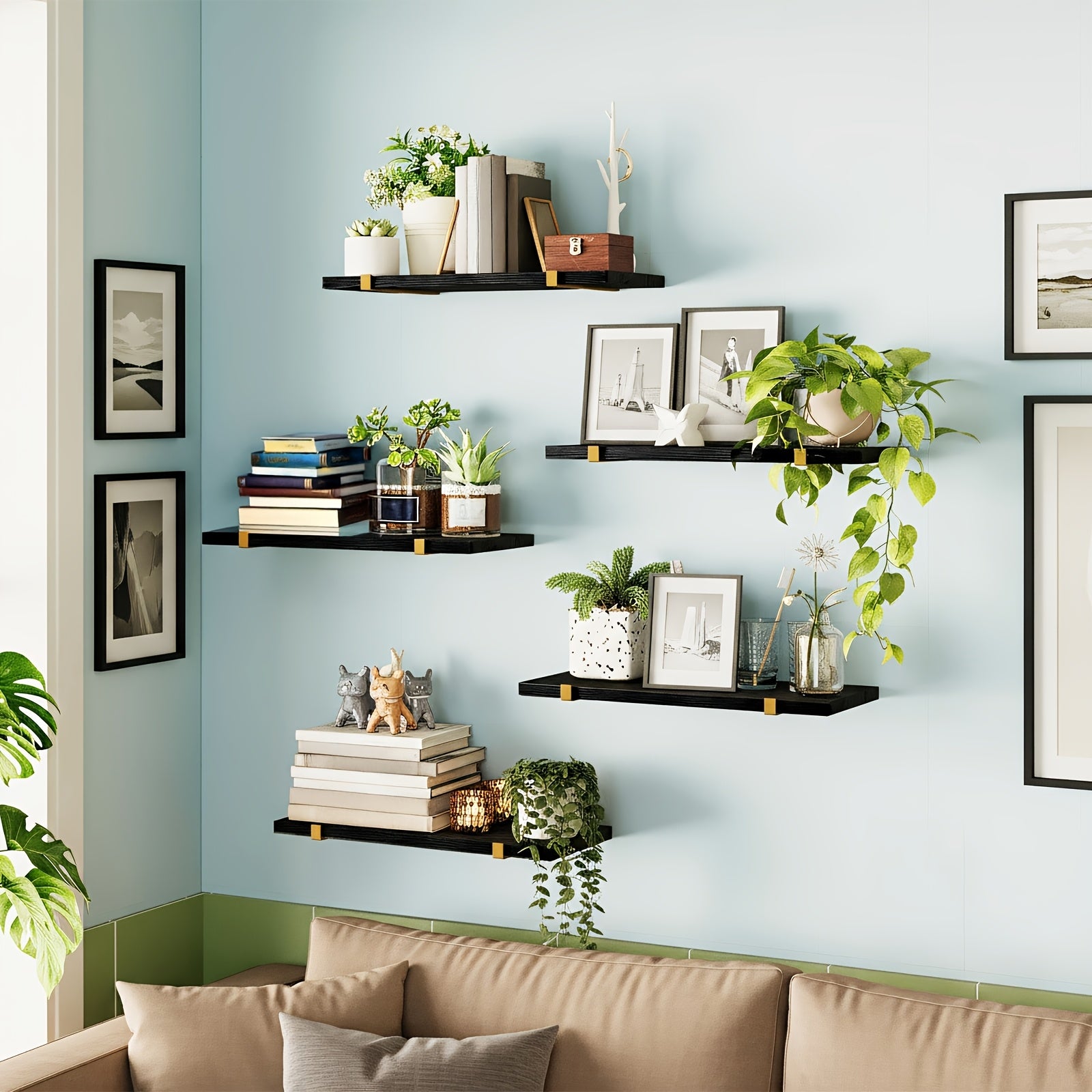 TOMNK 5pcs Rustic Floating Shelf Set, Size 15.8x4.7 Inches, Suitable for Bedroom, Living Room, Kitchen, Bathroom, Home Decor, Laundry Room, Office, and Plant Display - Rustic Wooden Wall Storage Shelves, Floating Shelves