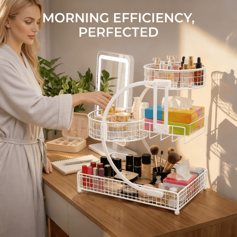 Three-Layer Painted Metal Cosmetic Storage Rack with Tissue Box, Lightweight And Sturdy, Independent Bathroom Countertop Storage Rack, Space-Saving Dressing Table Storage Rack, Suitable for Storing Skincare Products