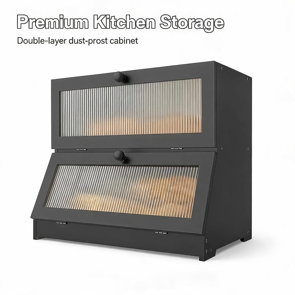 Bread Bin & Bread Bins for Kitchen, Double-tiered Black Wooden Bread Bin, Large-capacity Bread Storage Box Ideal for Kitchen Counters