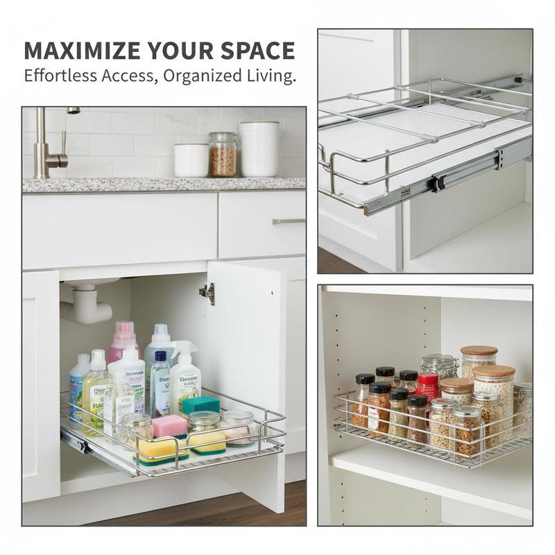 Sliding Cupboard Tray 11'Wx21'Dx2.5'H for Kitchen Pantry Bathroom, Heavy Duty Metal Construction Smooth Glide Rails Space Organization Under Sink Storage 13.5'Wx22'Dx7'H Cabinet Fitment