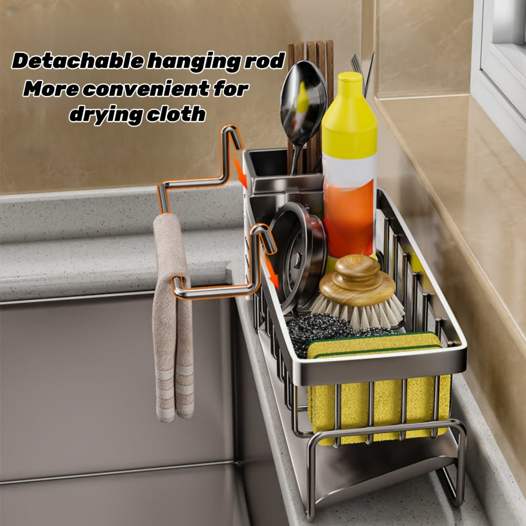 Stainless Steel Kitchen & Bathroom Organizer with Drainage - Multi-Purpose Storage Rack for Spices, Toothbrushes, Soap, and Cleaning Supplies, Includes Drainage Bucket for Sink Organization, Kitchen Sink Organizer