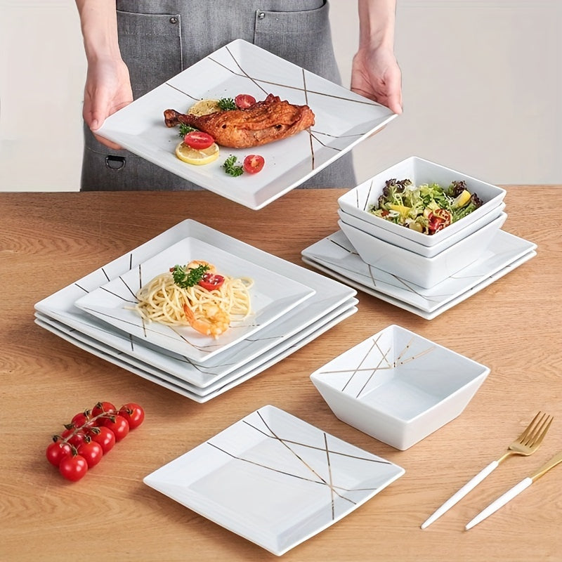 12pcs Ceramic Tableware Set, Modern Light Luxury Golden Line Tableware Plate, 10-Inch And 7.6-Inch White Black Steak Plate, Pasta Plate, Dessert Plate, Salad Bowl, Soup Bowl, Complete Tableware, Suitable for Home And Restaurant, Housewarming Gifts