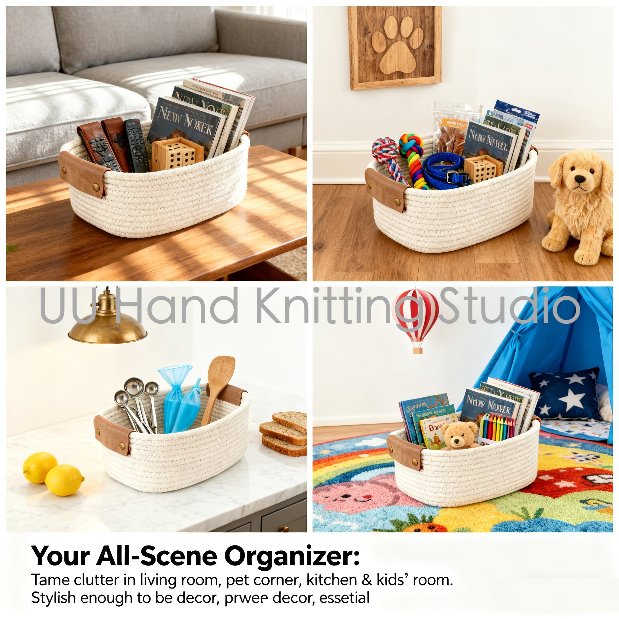 Compact Stackable Home Storage Bins – portable space-saving storage, Rectangle Woven Baskets for Storage Handwoven Cotton Rope Storage Basket with Leather Handles -, designed for American homes, daily convenience and practical gifting