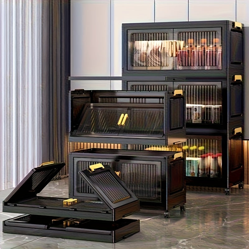 6-Tier (50.6 In) Large-Capacity Black Storage Box, 3/4/5/6-Tier Foldable Storage Boxes, Stackable Storage Cabinet with Translucent Magnetic Doors And Silent Wheels, Stable And Durable, Suitable for Bedroom, Living Room And Other Multi-Scene Storage
