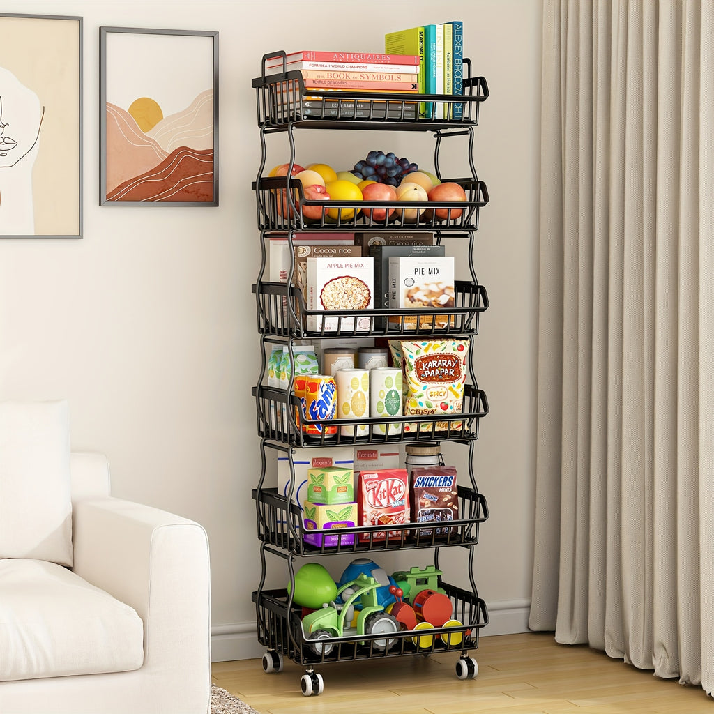 6-Tier Stackable Metal Wire Storage Basket Organizer with Wheels - Space-Saving Kitchen Pantry Organizer for Fruits, Vegetables, Utensils & Utensil Holders, Durable Rectangular Design, Pantry Organizers And Storage, Open Shelf Design, Visible Content Acce