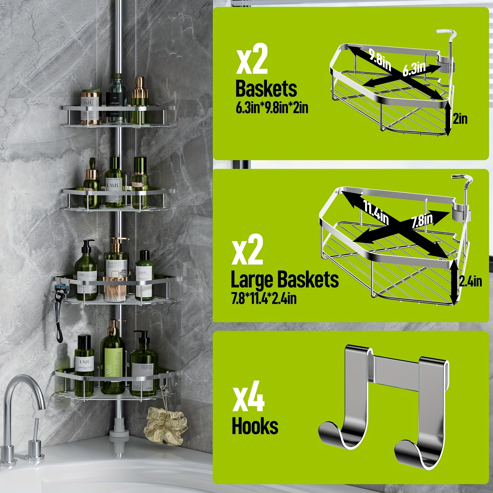 Smart Stackable Home Storage Bins – portable space-saving storage, LAMU Corner Shower Caddy Tension Pole Stainless Steel Shower Organizer Strong Spring 4 Adhesive, designed for American homes, daily convenience and practical gifting
