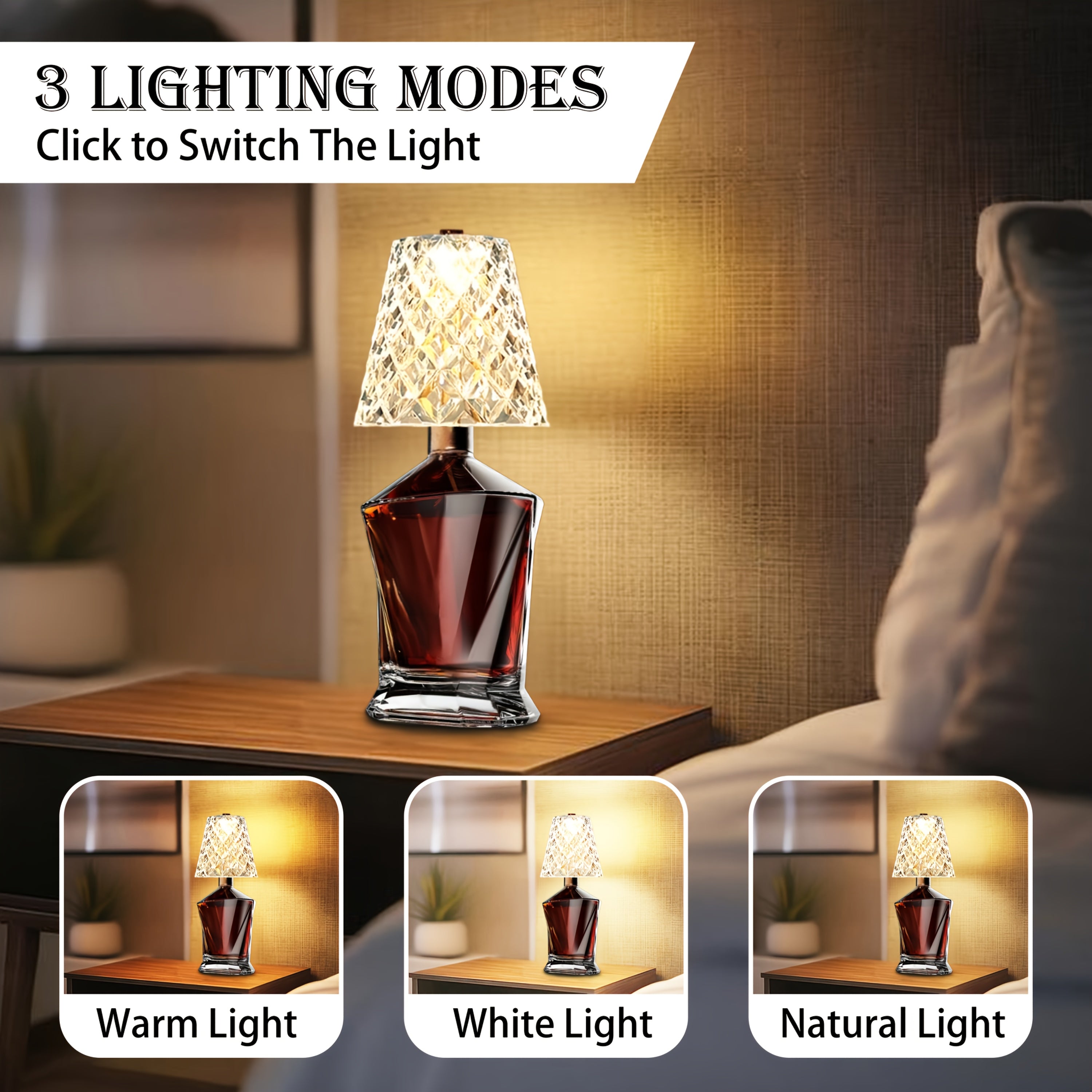 Ambient Home Decor – Crystal Clear Bottle Light, Table Lamp, Rechargeable LED Wine Lamp, Acrylic Lampshade, 2000Mah, 3 Colors, Bottle Lamp for Modern US Homes, relaxing room atmosphere, Vers