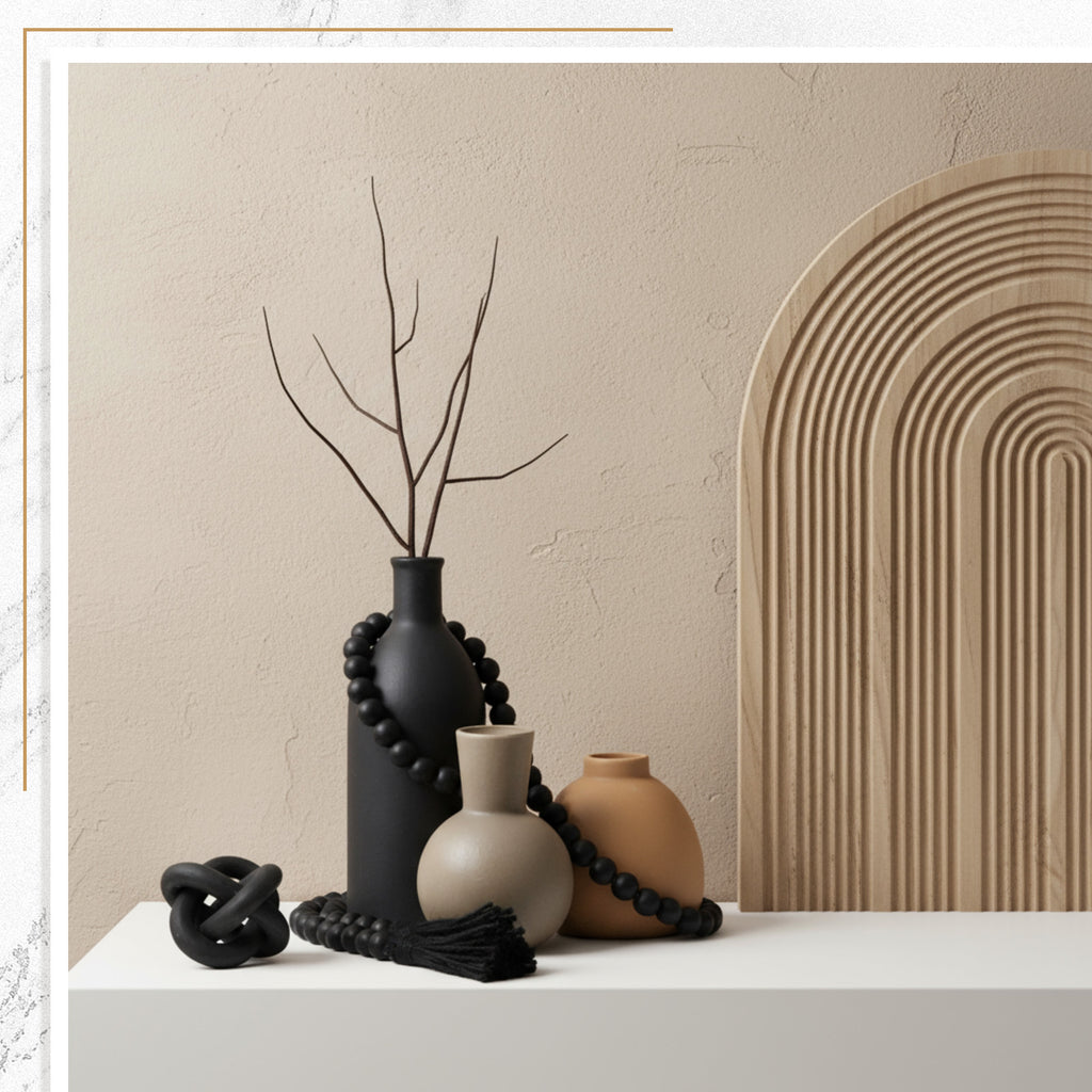 Vase Decorative Bottle 5pcs Country Style Ceramic Vase Set Table Centerpieces for Living Room 3pcs Bohemian Style Ceramic Vases with Wood Knot Chain Rings, Wooden Bead Garland Tassel Table Decor(Black)