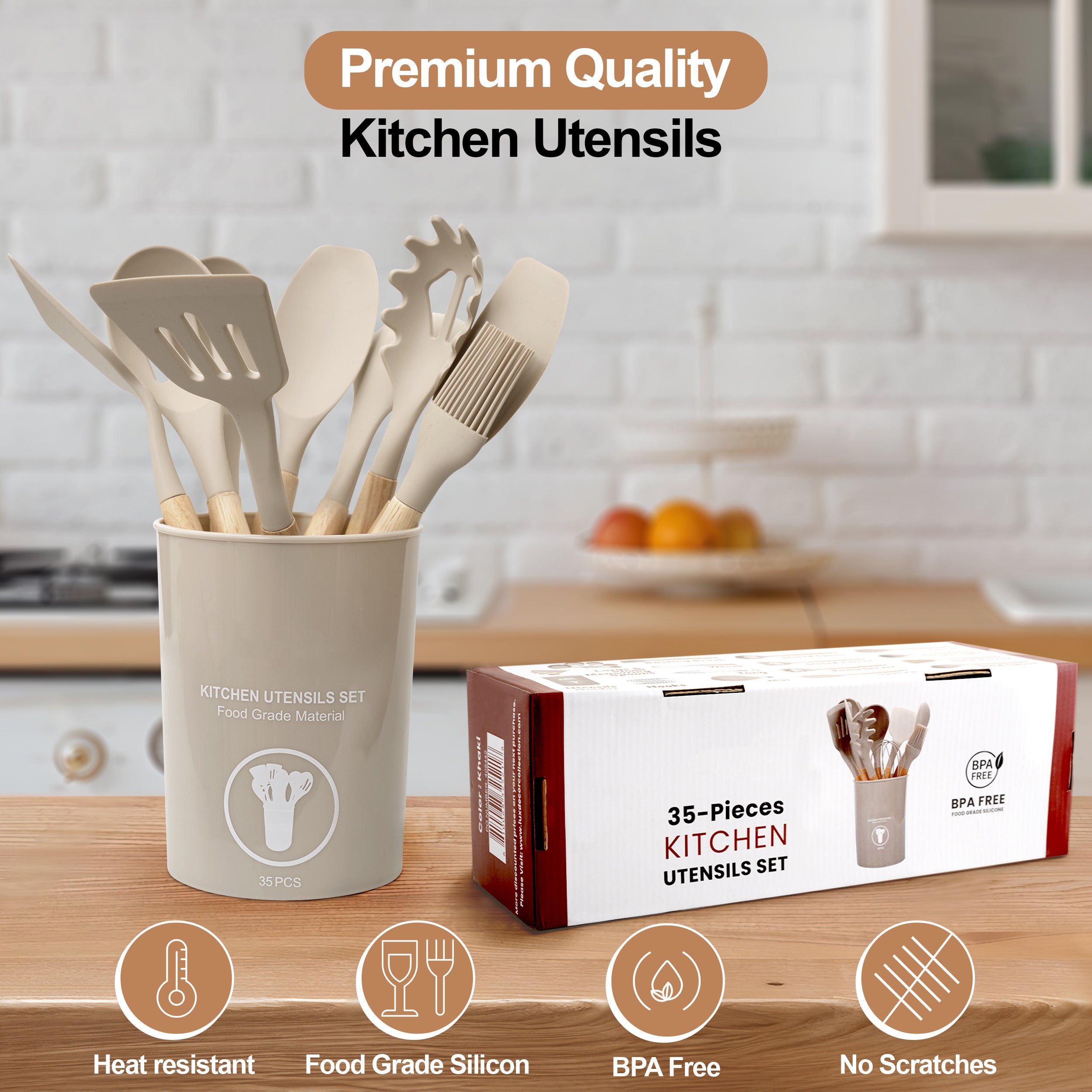 Kitchen Essential – 35 Piece Kitchen Utensils Set with Holder - Heat Resistant Wooden Handle - Silicone Non-Stick Cooking Spatula, Kitchen Essentials Tools and Gadgets for Modern US Homes, e