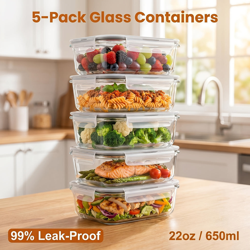 Compact 5 Pack Glass Meal Prep Container Set – leak-resistant reusable meal prep, 5 Pack 35oz Glass Food Storage Containers with Lids Airtight Reusable Lunch Preservation Box, designed for American homes, daily convenience and practical gifting