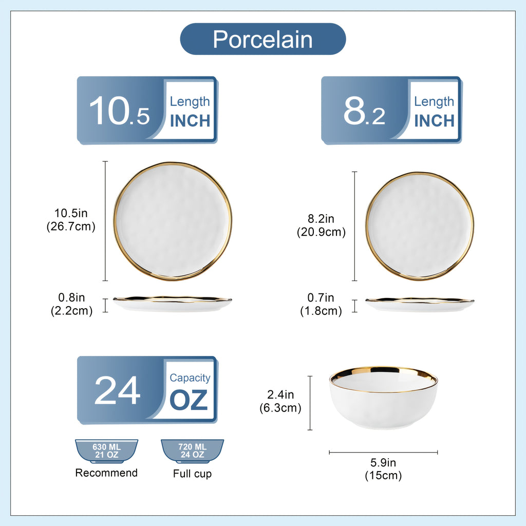 [Dinnerware Sets] 12pcs White And Golden Stoneware Dinnerware Sets Handmade Dinnerware With Golden Trim, Dishwasher Safe Dinner Set