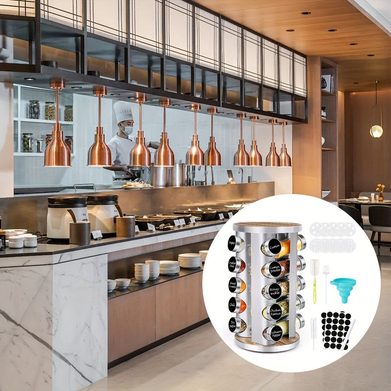 Spice Rack Organizer with Jars for Cabinet Revolving/Rotating Seasoning Organizer, Stainless Steel/Wooden Countertop Rack Tower Organizer for Kitchen Pantry with Reusable Labels/Funnel/Brushes