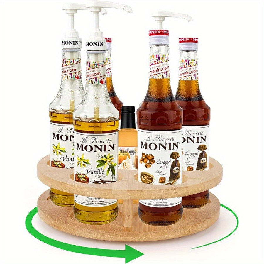 7 - Bottle 360 degree Rotating Storage Rack - Multi - Purpose Wooden Organizer for Kitchen Spices - Water Cups, Space-Saving Display Stand with Smooth Rotation,Tidy Desktop & Countertop Decor