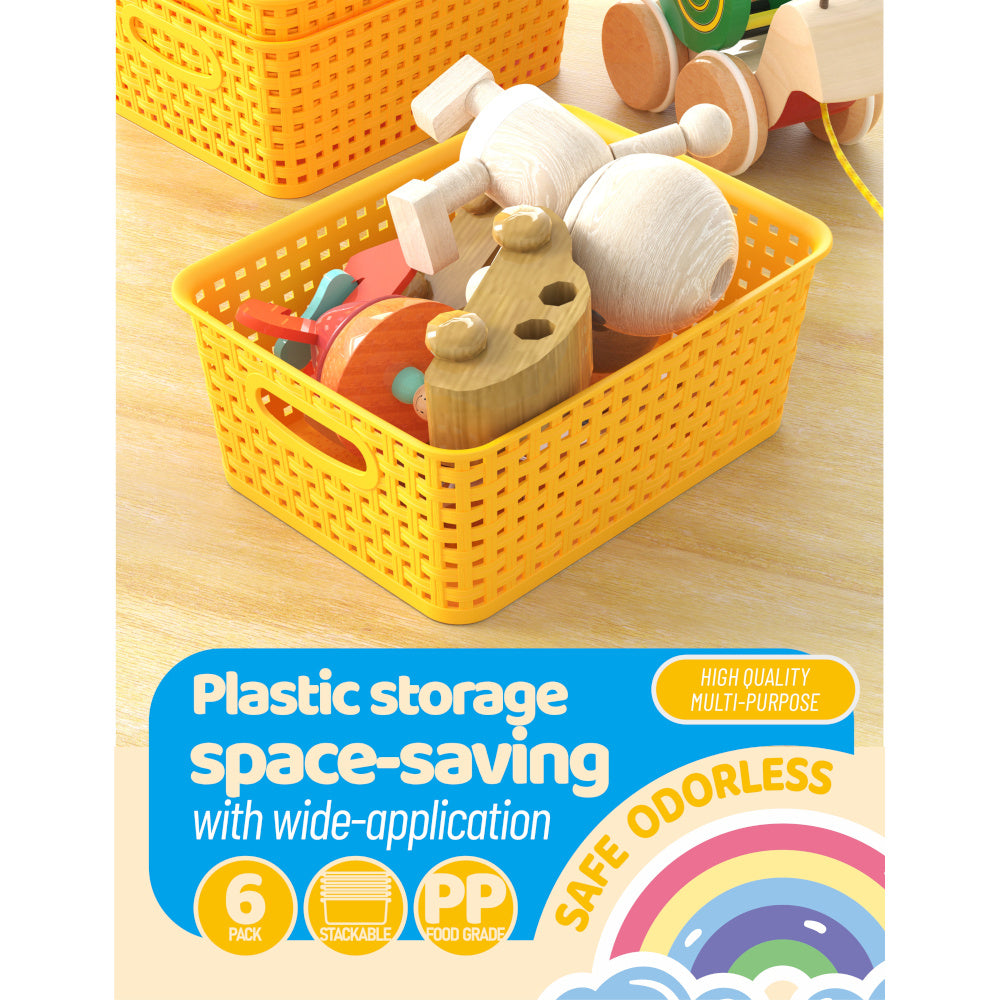 Set of 6 Durable Woven Plastic Storage Bins in Yellow, Measuring 10.1" X 7.55" X 4.1", Ideal for Organizing Your Home, Office, Desktop, Wardrobe, Or Bathroom, Shelf Baskets