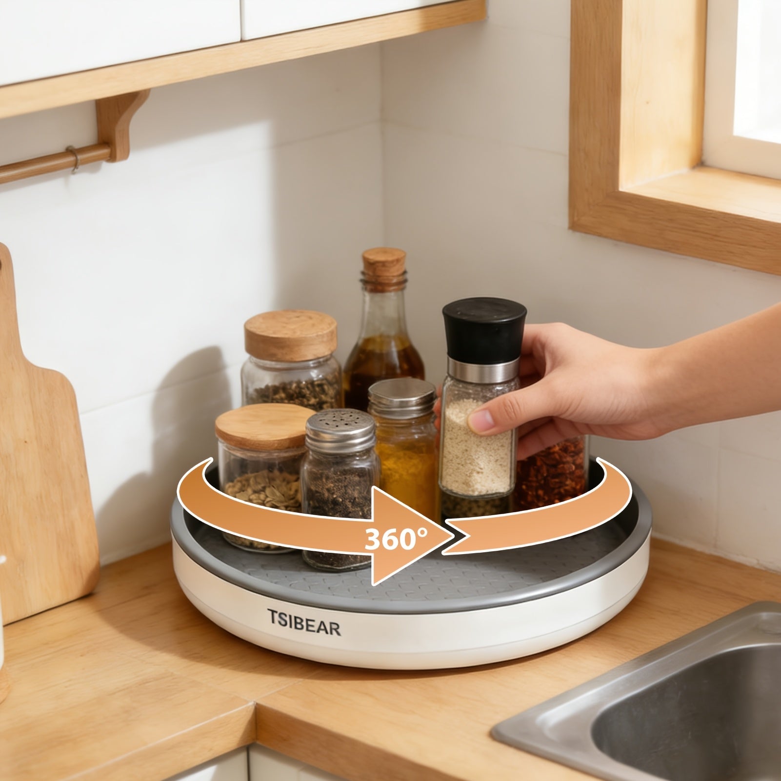 Premium Glass Spice Jar Set – clear reusable pantry storage, 360 Rotating Lazy Susan Turntable Organizer Non-Slip Spice Rack for Kitchen Cabinet Countertop Dining, designed for American homes, daily convenience and practical gifting