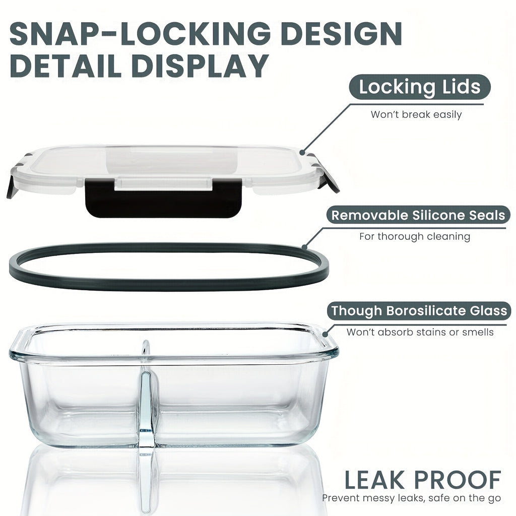 TYKOON 5/9pcs Glass Meal Prep Containers with Upgraded Snap-Lock Lids, 30/36oz Glass Food Storage Containers, 2-Compartment Set, Leak-Proof & Microwave, Oven, and Fridge Safe