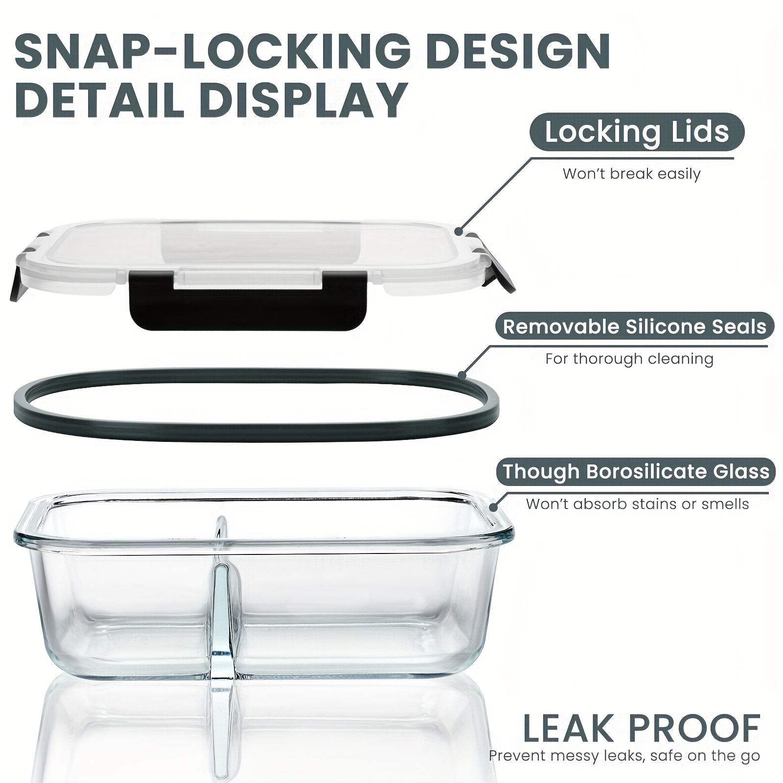 TYKOON 5/9pcs Glass Meal Prep Containers with Upgraded Snap-Lock Lids, 30/36oz Glass Food Storage Containers, 2-Compartment Set, Leak-Proof & Microwave, Oven, and Fridge Safe