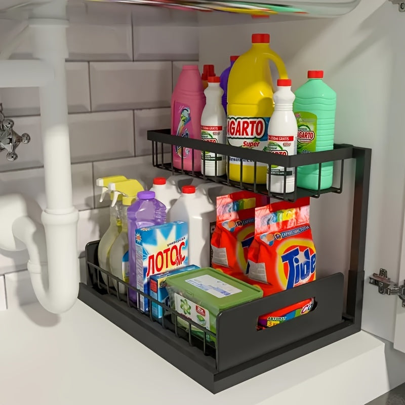 Kitchen Storage Organizer – 1/2pcs Kitchen Organizers And Storage, Kitchen Accessories, Utility Racks, Under Sink Organizer, Pull Out Cabinet Organizer, 2 Tier Slide Out Sink Shelf, Cabinet
