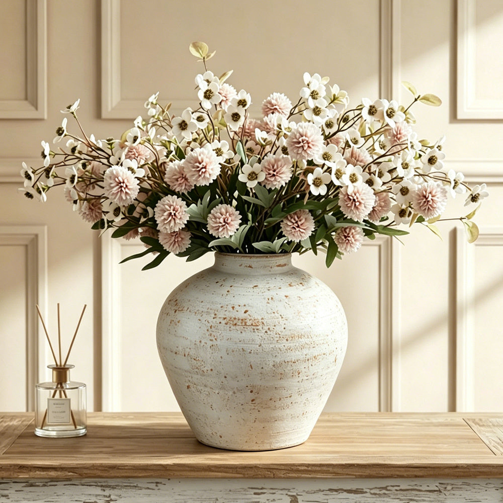 Small White Rustic Round Vase for Table Centerpieces 6 inches, Earthy Stone Look, Textured, Modern Homes Farmhouse Centerpiece Decor