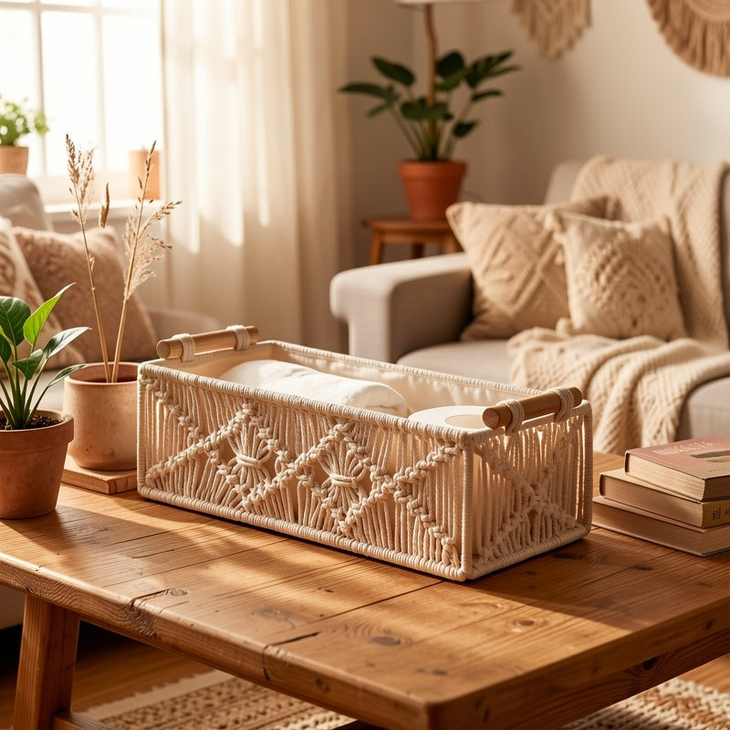 2/4pcs Bohemian Hand-woven Storage Basket In Textile Material With Grid Design Desktop Organization Box For Home And Office