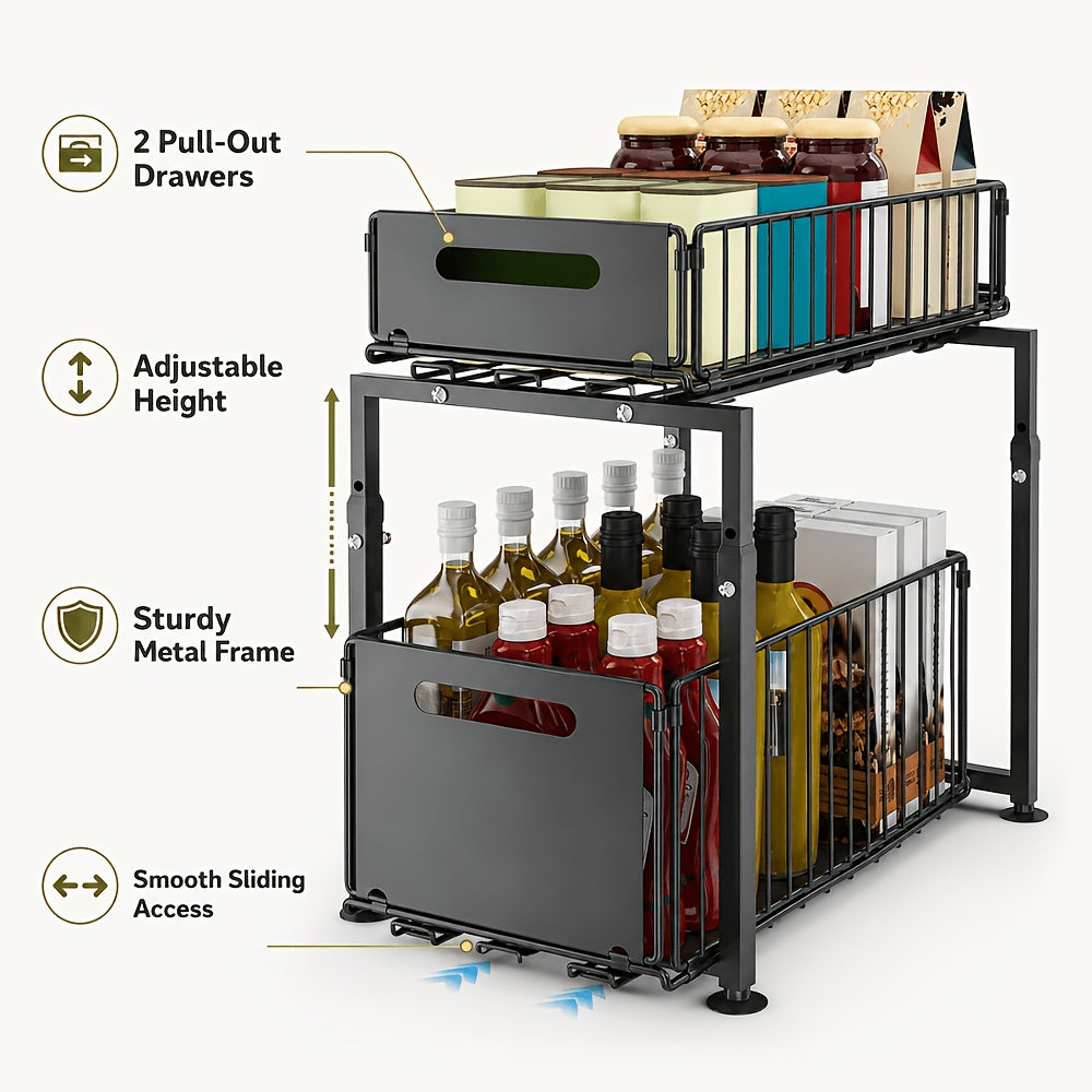 Premium Adjustable Home Storage Rack – durable multi-purpose storage, 2-Tier Pull-Out Organizers Space-Saving 2-Tier Under Sink Organizer with Adjustable Height Sturdy Carbon Steel, designed for American homes, daily convenience and practical gifting