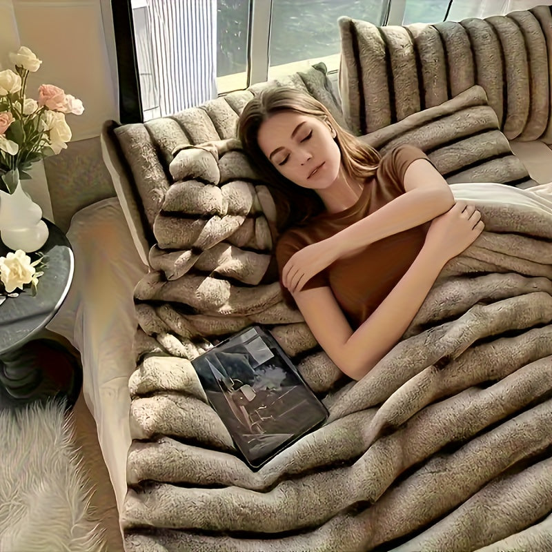 Smart Cozy Home Textile Accent – comfortable everyday home styling, Striped Luxurious Faux Rabbit Fur Throw Blanket Ultra-Soft Double-sided Blanket Kids Blanket ClassicStripe Pattern, designed for American homes, daily convenience and practical gifti